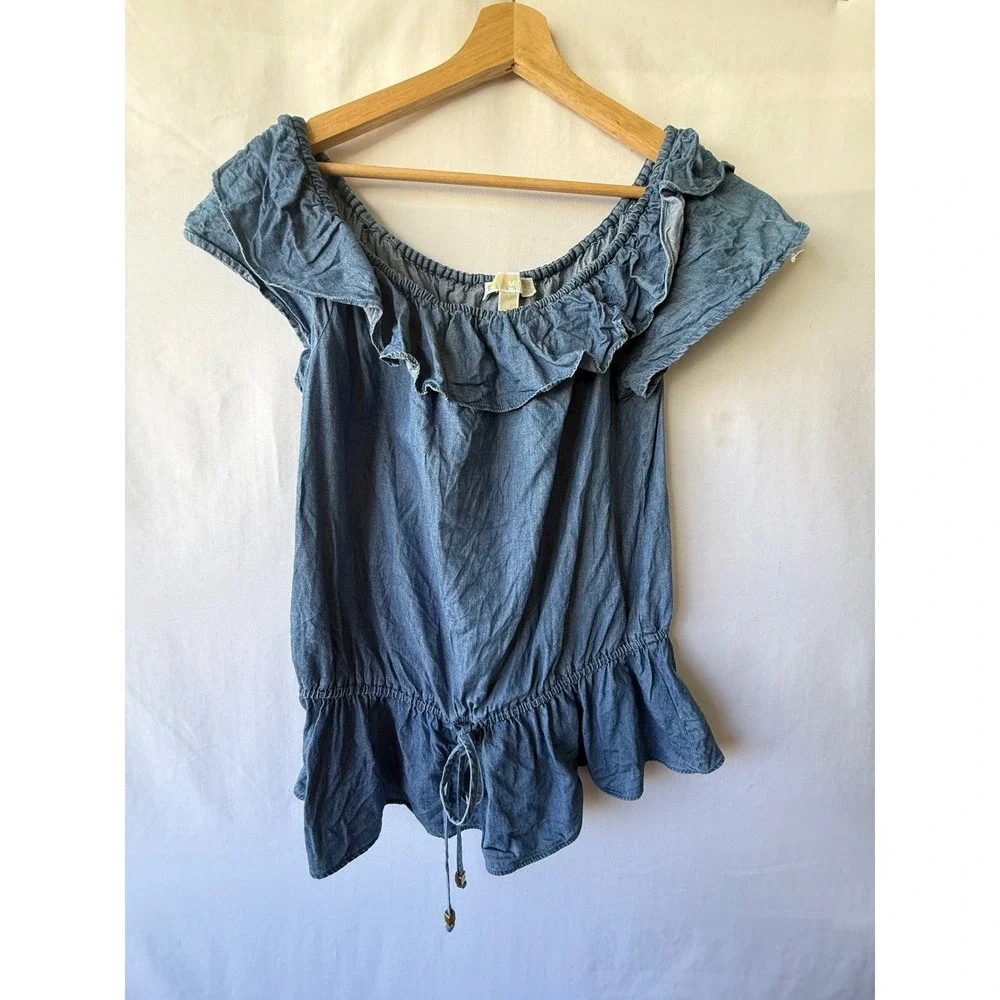 Michael Kors Blue Chambray Ruffle Peplum Top Cotton Lyocell Blend Medium